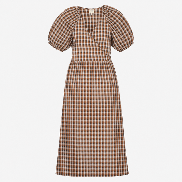 Dress Brown Check Gingham Wrap Midi Short Puff Sle
