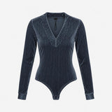 Bodysuit Blue Velvet Striped Long Sleeve V-Neck
