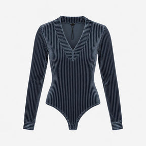 Bodysuit Blue Velvet Striped Long Sleeve V-Neck