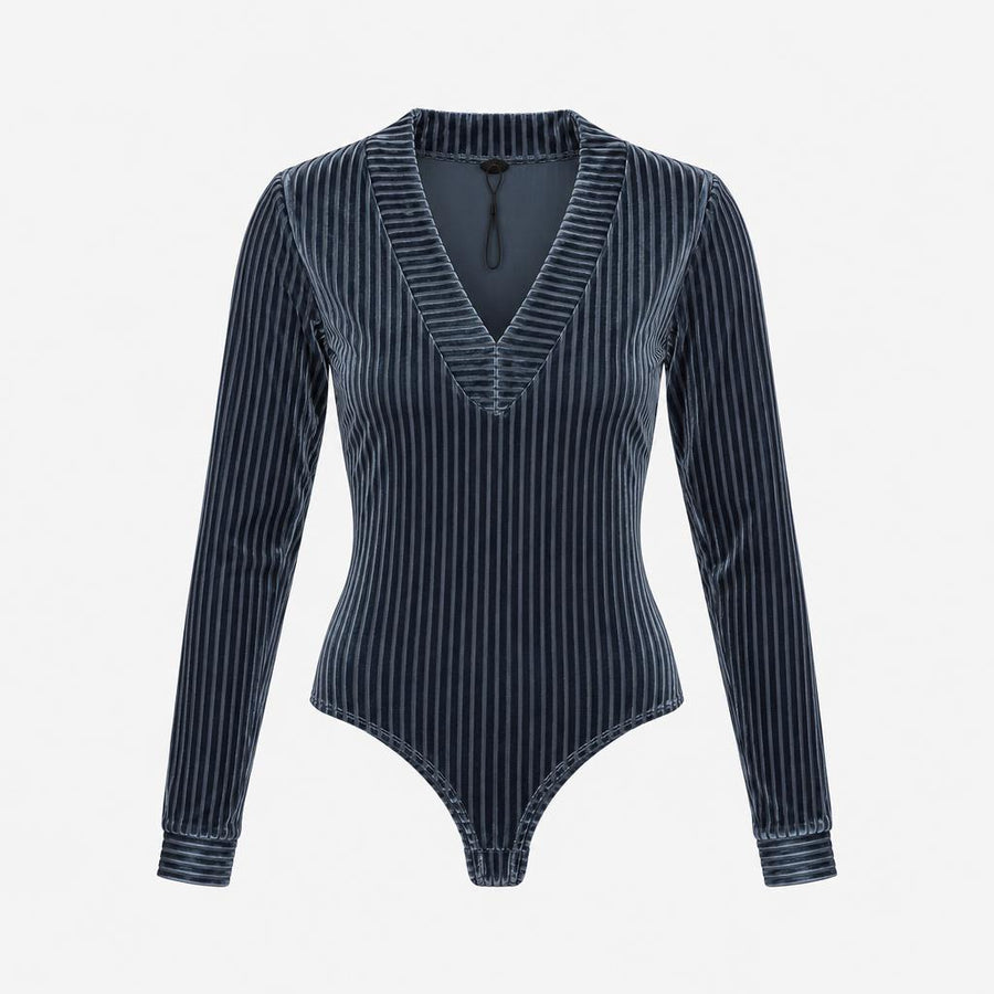 Bodysuit Blue Velvet Striped Long Sleeve V-Neck