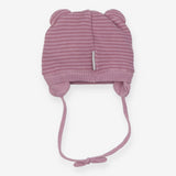 Hat purple stripes ears tie knitted