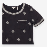 Linen Tunic Dress in Black with Cream Embroidery