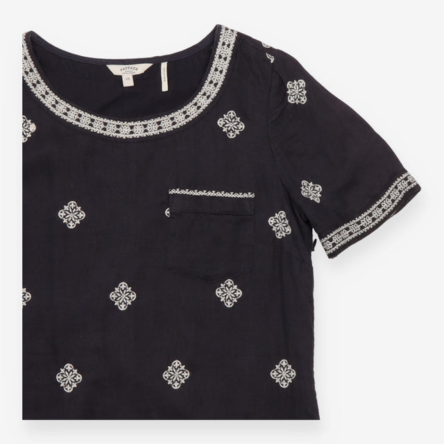 Linen Tunic Dress in Black with Cream Embroidery
