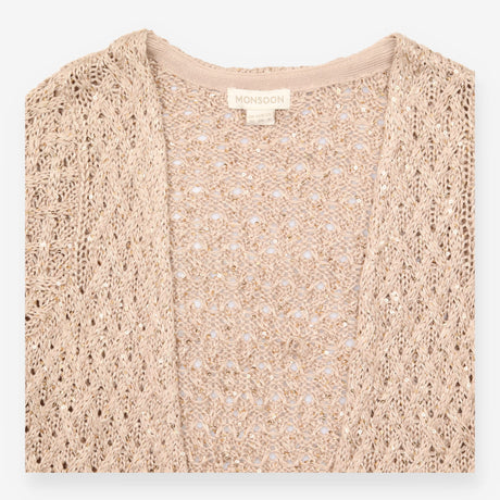 Cardigan Taupe Openwork Crochet Knit Sequin Embell