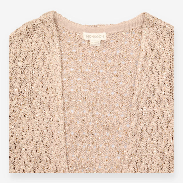 Cardigan Taupe Openwork Crochet Knit Sequin Embell