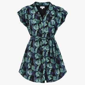 Tropical Leaf-Print Belted Shirt Dress