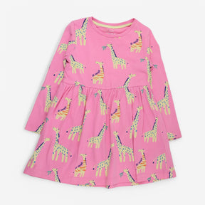 Dress Jersey Long Sleeve Pink with Giraffes