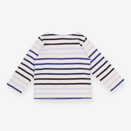 Tee LS white blue stripes slash neck poppers