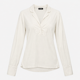 Ruched Shirt in White Viscose with Open Collar and
