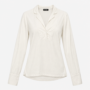 Ruched Shirt in White Viscose with Open Collar and