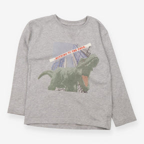 Grey long sleeve t-shirt with sky scraper dino