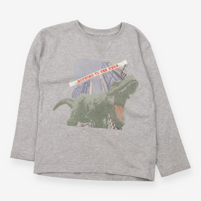 Grey long sleeve t-shirt with sky scraper dino