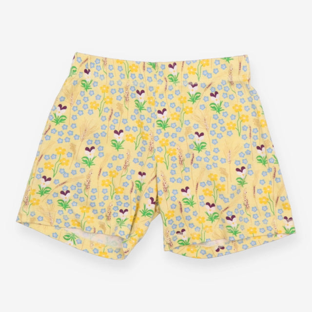 Shorts jersey yellow pansies blue flowers