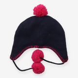 Navy knit hat with unicorn and pink pom poms