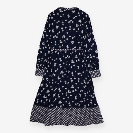 Navy White Floral Print Geometric Trim Long 