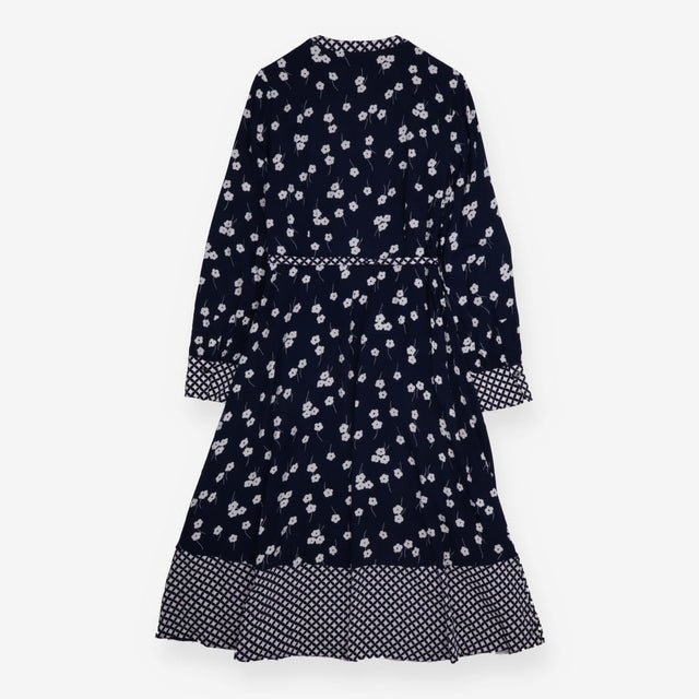 Navy White Floral Print Geometric Trim Long 