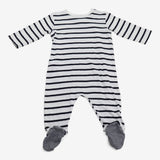 Blue and white striped sleepsuit sail boat