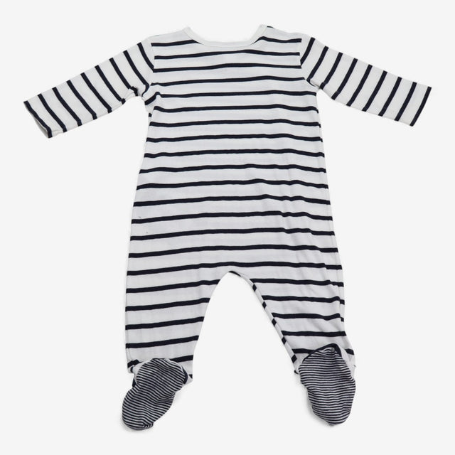 Blue and white striped sleepsuit sail boat