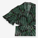 Midi Dress Black Green Peacock Print Draped Waist