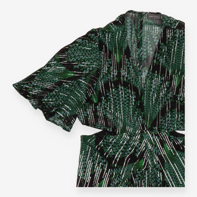 Midi Dress Black Green Peacock Print Draped Waist