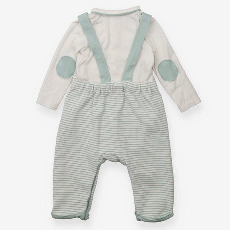 Teal striped dungarees with bear face
