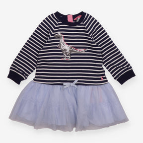 Jersey Dress Navy Striped Sequin Dinosaur and Tull
