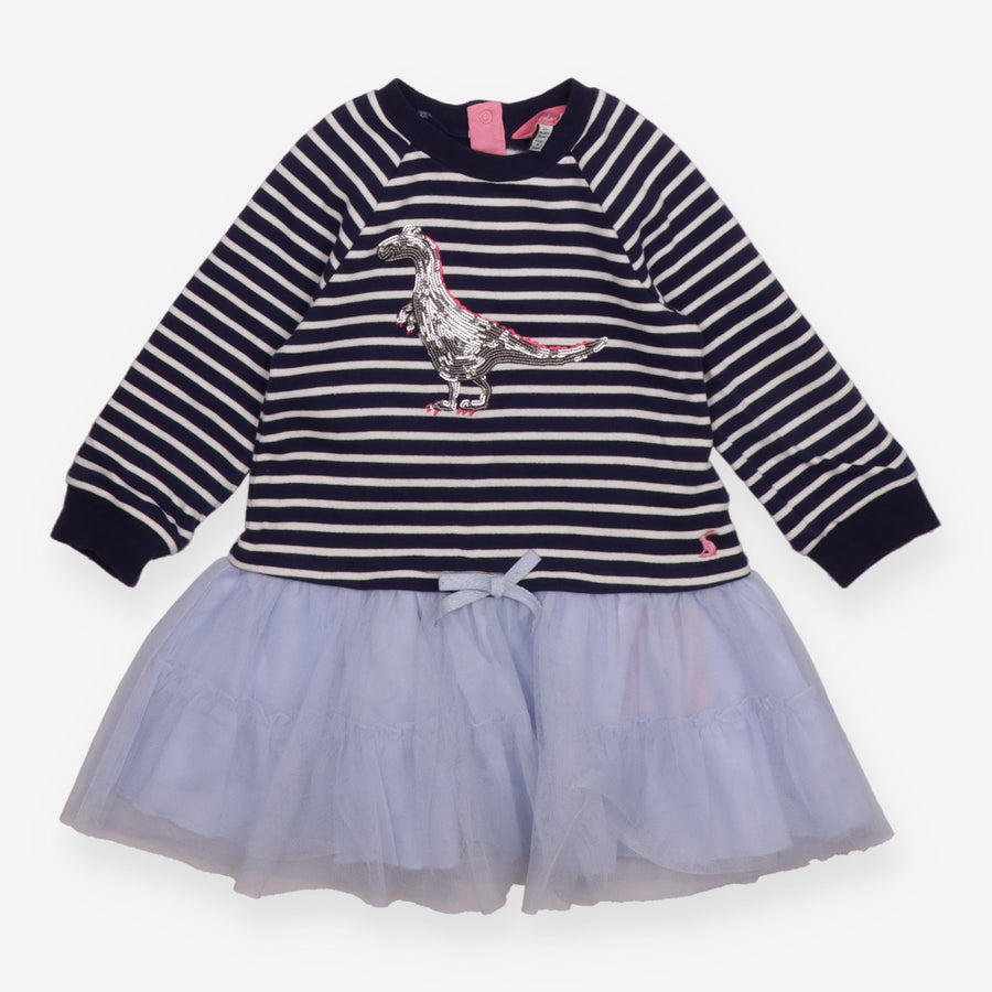 Jersey Dress Navy Striped Sequin Dinosaur and Tull
