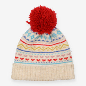 Cream Fairisle hat red bobble