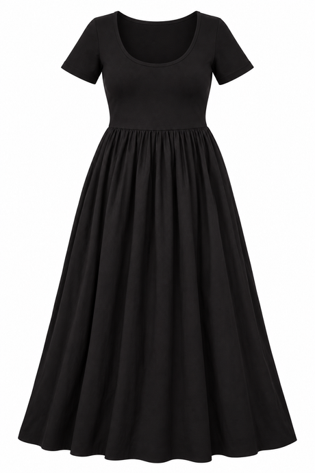 Dress Black Short Sleeve Scoop Neck Midi