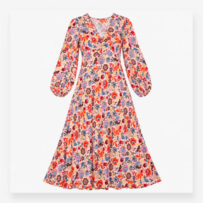 Pink Floral Long Sleeve V-Neck Maxi Dress