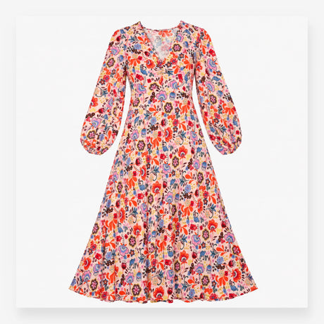 Pink Floral Long Sleeve V-Neck Maxi Dress
