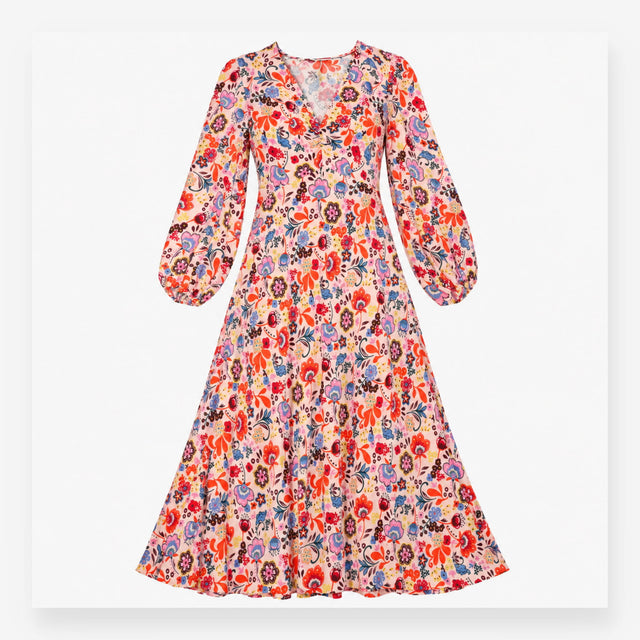 Pink Floral Long Sleeve V-Neck Maxi Dress