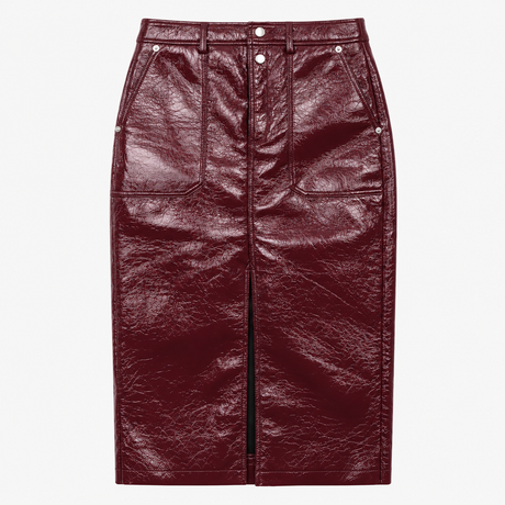 Faux Patent Leather Front Slit Midi Skirt Burgundy