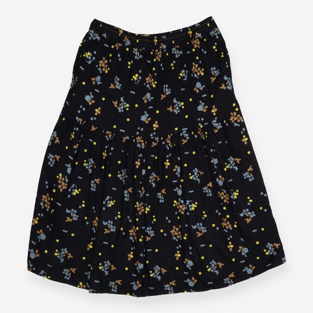 Midi Skirt Black Abstract Floral Print Tiered