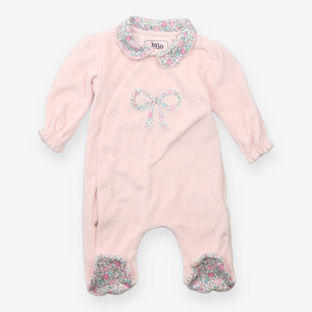 Sleepsuit pink velour floral collar bow