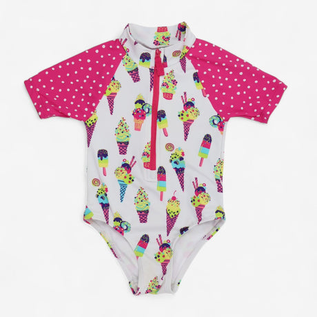 Swimsuit with sleeves White and Pink with Ice Crea