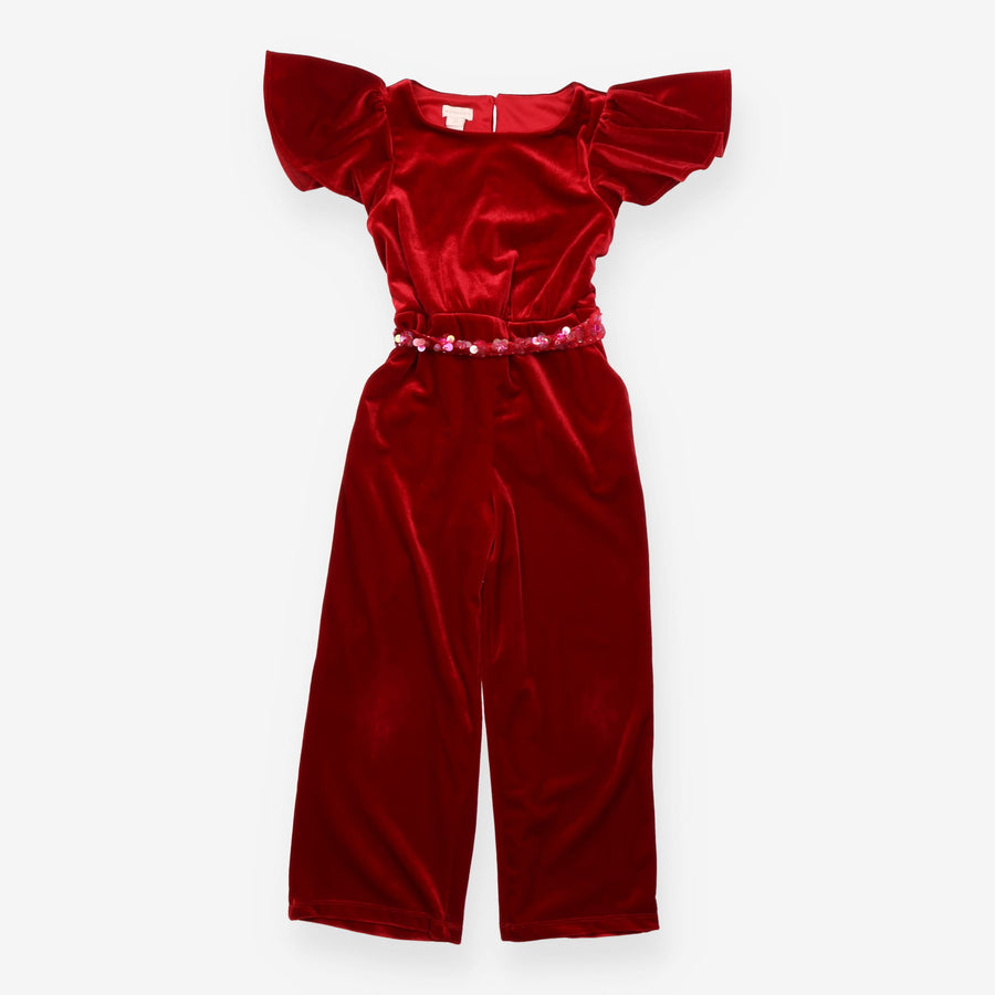 Sequin Belt Velour Jumpsuit Red