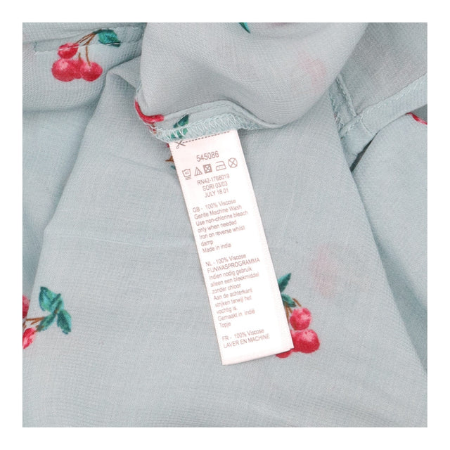 Blouse Pale Blue Cherry Print Tie Cuff Long Sleeve