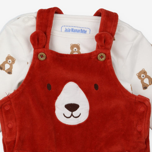 Velour Dungaree Orange with Bear Face and White Bo
