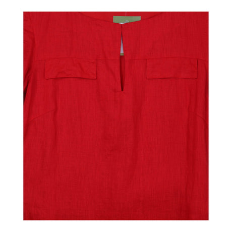 Bright Red Linen Short Sleeve Keyhole Neck Belted 