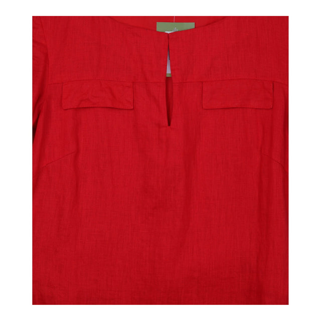 Bright Red Linen Short Sleeve Keyhole Neck Belted 