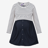 Navy Striped Maternity Nursing Dress With Button F