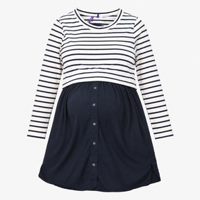 Navy Striped Maternity Nursing Dress With Button F