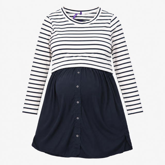 Navy Striped Maternity Nursing Dress With Button F