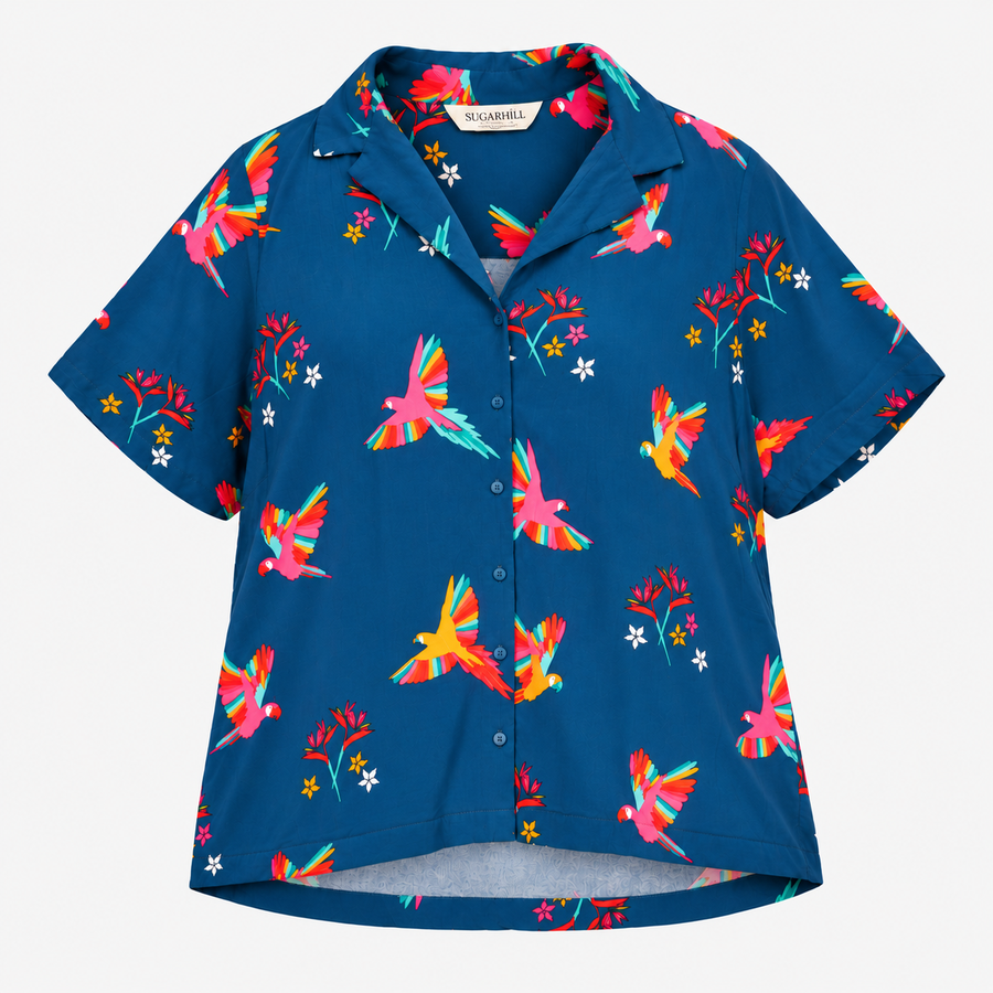 Shirt Blue Parrot Print Short Sleeve