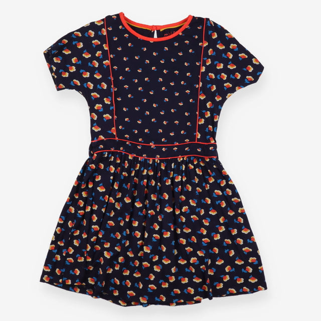 Navy dress with flowers red trim
