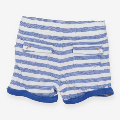 Blue and white stripe shorts with brown tie string