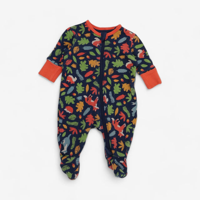 Navy woodland sleepsuit with orange cuffs