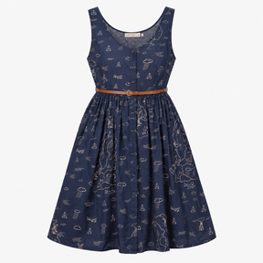 Sleeveless Shirt Dress Map Print Cotton Midi