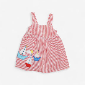 Red & white striped pinafore dress with applique s